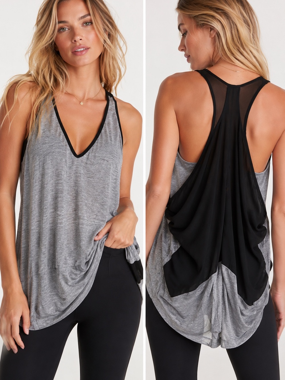 Women's Gray Tank Top with Black Draped Mesh Racerback